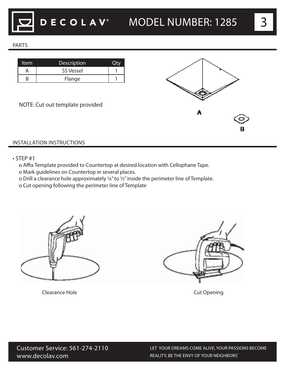 Model number: 1285 | Decolav 1285 User Manual | Page 3 / 6