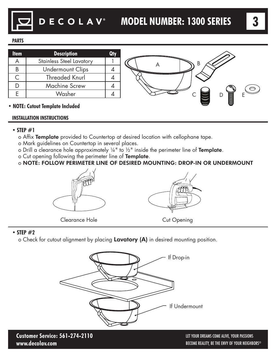 Model number: 1300 series | Decolav 1300 User Manual | Page 3 / 6