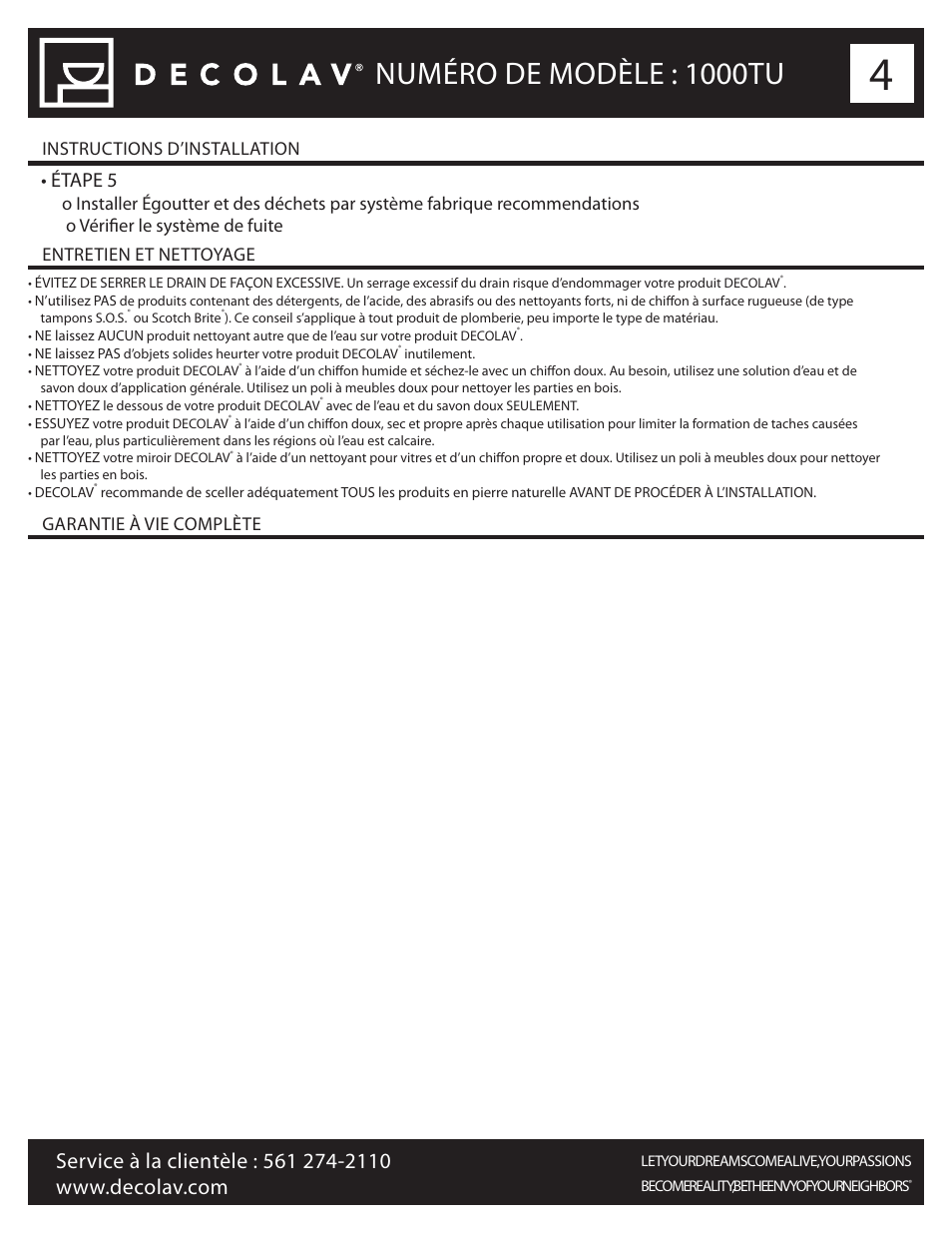 Numéro de modèle : 1000tu, Étape 5, Instructions d’installation | Entretien et nettoyage garantie à vie complète | Decolav 1000TU User Manual | Page 12 / 12