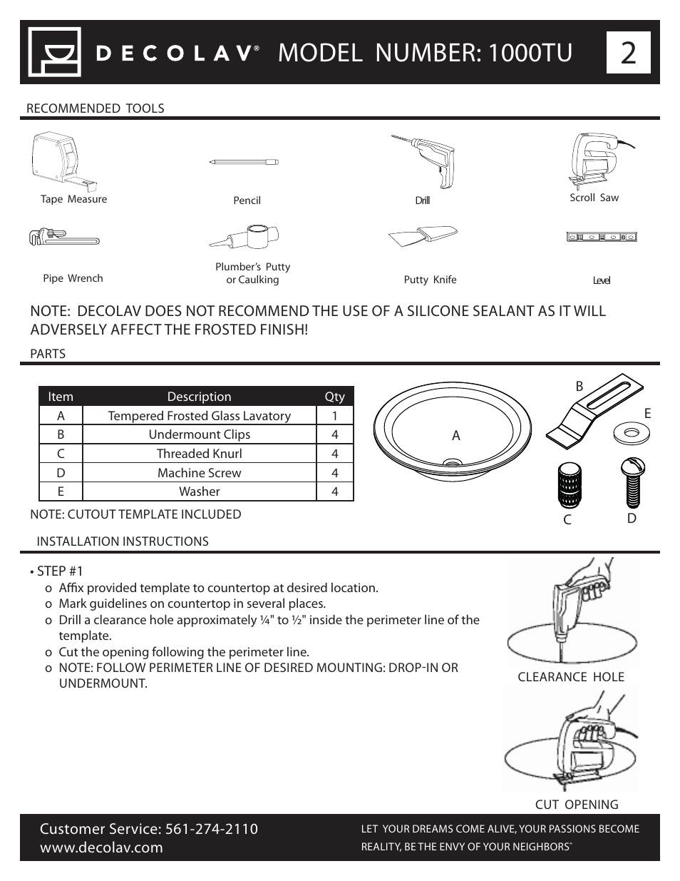 Model number: 1000tu | Decolav 1000TU User Manual | Page 2 / 12