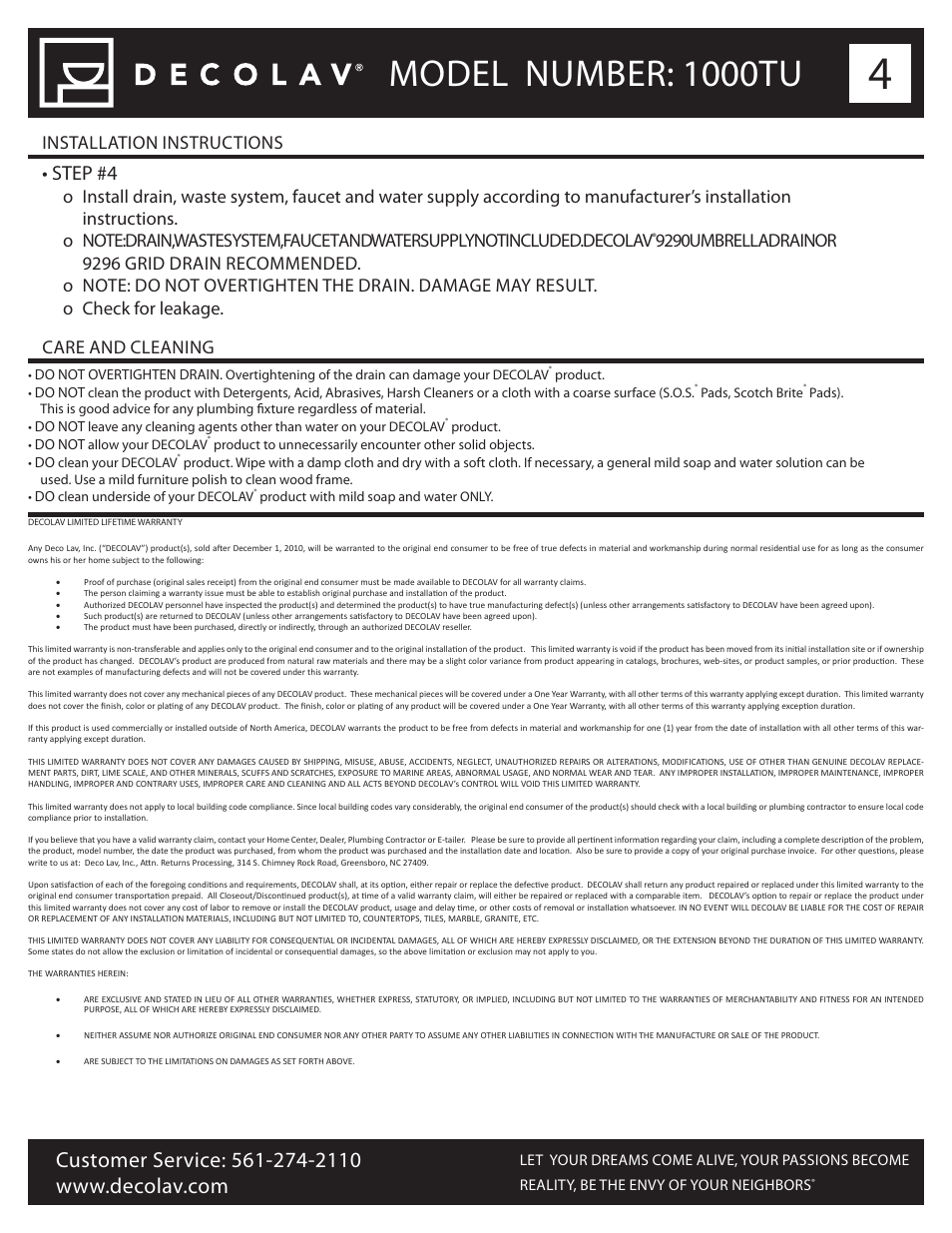 Model number: 1000tu, Step #4, Installation instructions | Decolav 1000TU User Manual | Page 4 / 12