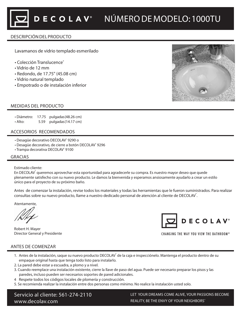 1000tu_spanish 611, Número de modelo: 1000tu | Decolav 1000TU User Manual | Page 5 / 12