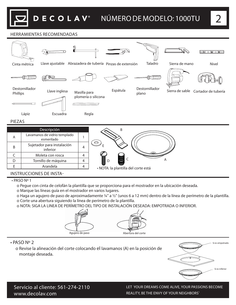 Número de modelo: 1000tu, Paso nº 2 | Decolav 1000TU User Manual | Page 6 / 12