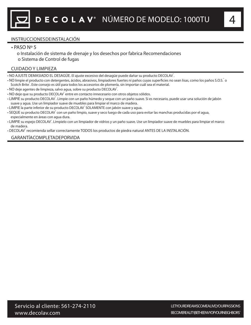 Número de modelo: 1000tu, Paso nº 5, Instrucciones de instalación | Cuidado y limpieza garantía completa de por vida | Decolav 1000TU User Manual | Page 8 / 12