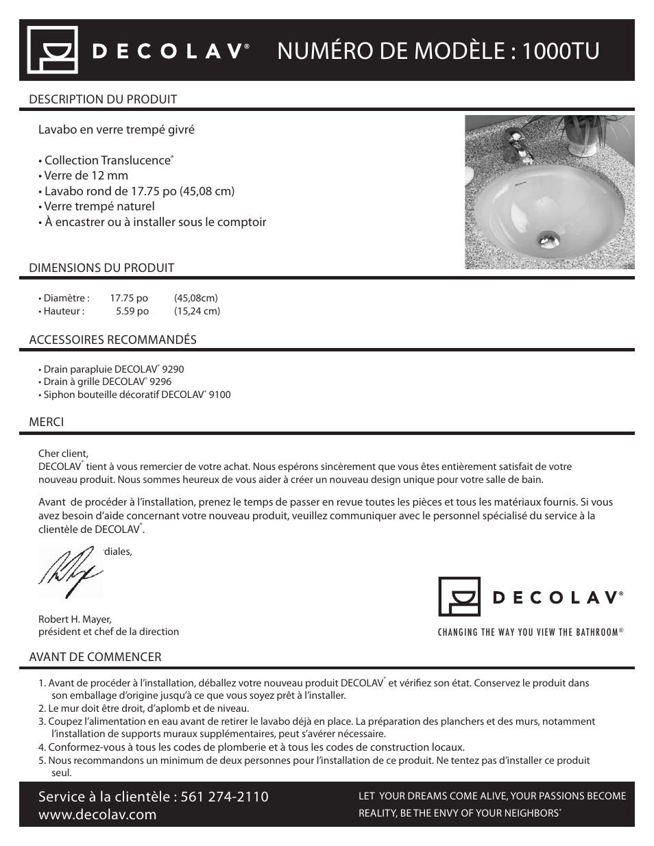 1000tu_french_070611, Numéro de modèle : 1000tu | Decolav 1000TU User Manual | Page 9 / 12