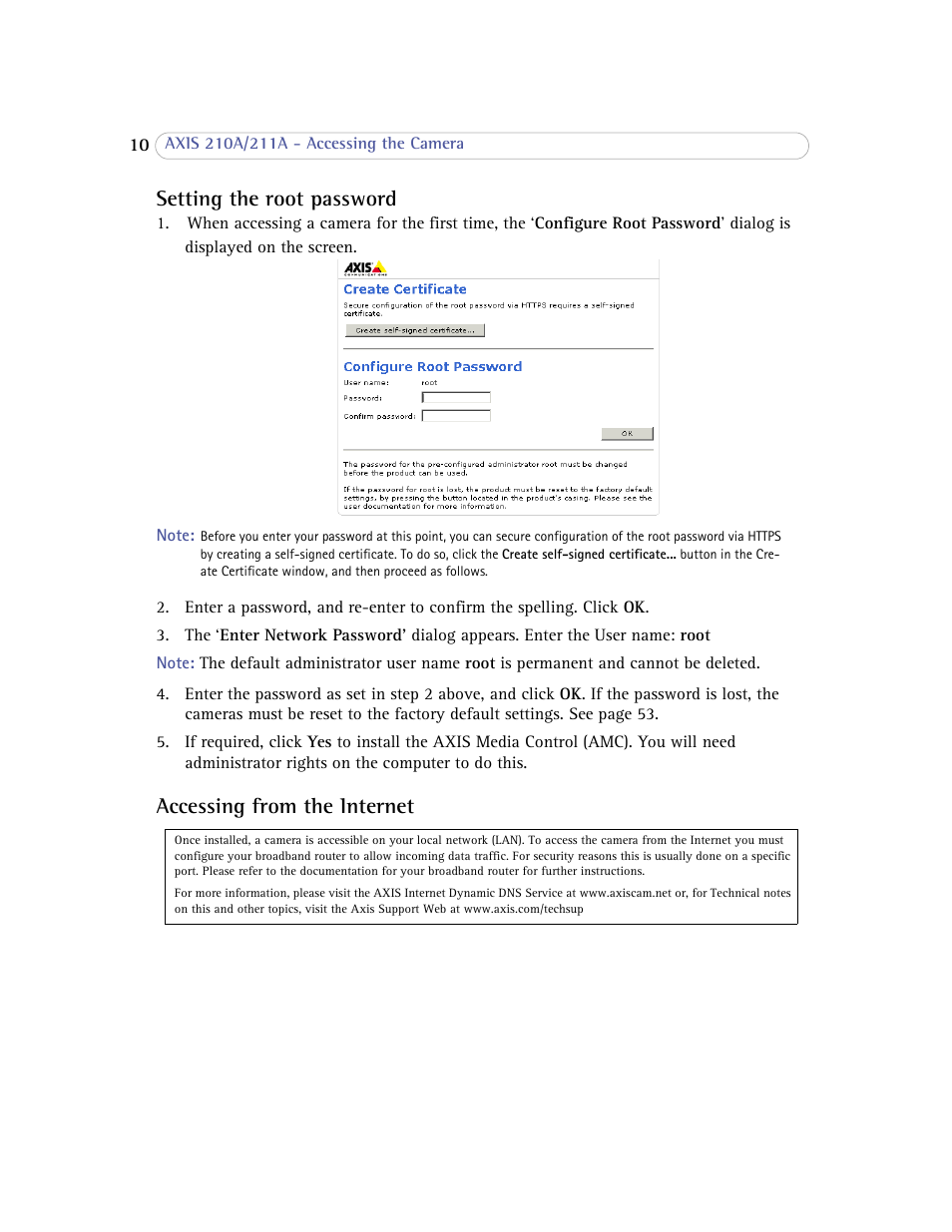 Setting the root password, Accessing from the internet | Axis Communications Axis 211A User Manual | Page 10 / 76