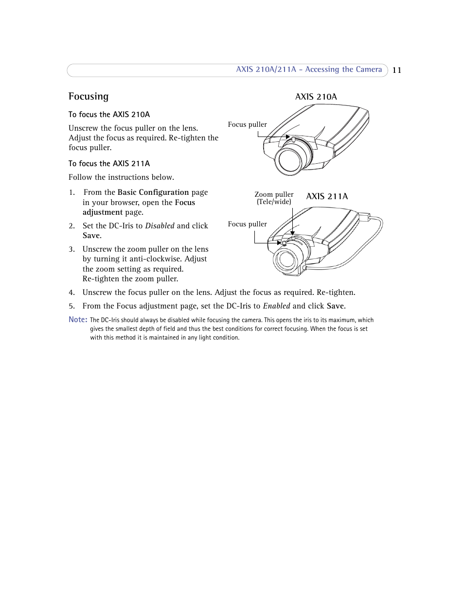 Focusing | Axis Communications Axis 211A User Manual | Page 11 / 76