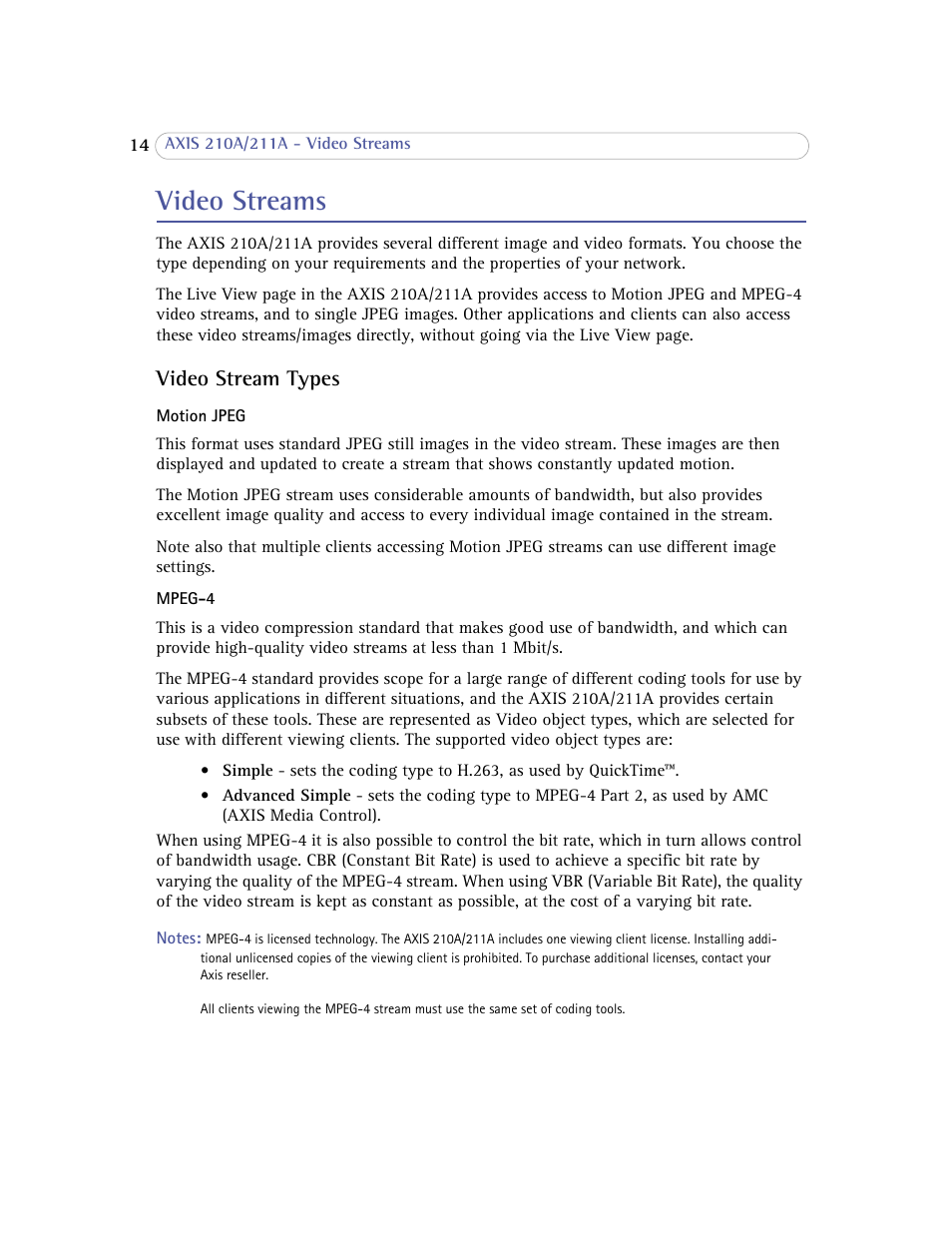 Video streams, Video stream types | Axis Communications Axis 211A User Manual | Page 14 / 76