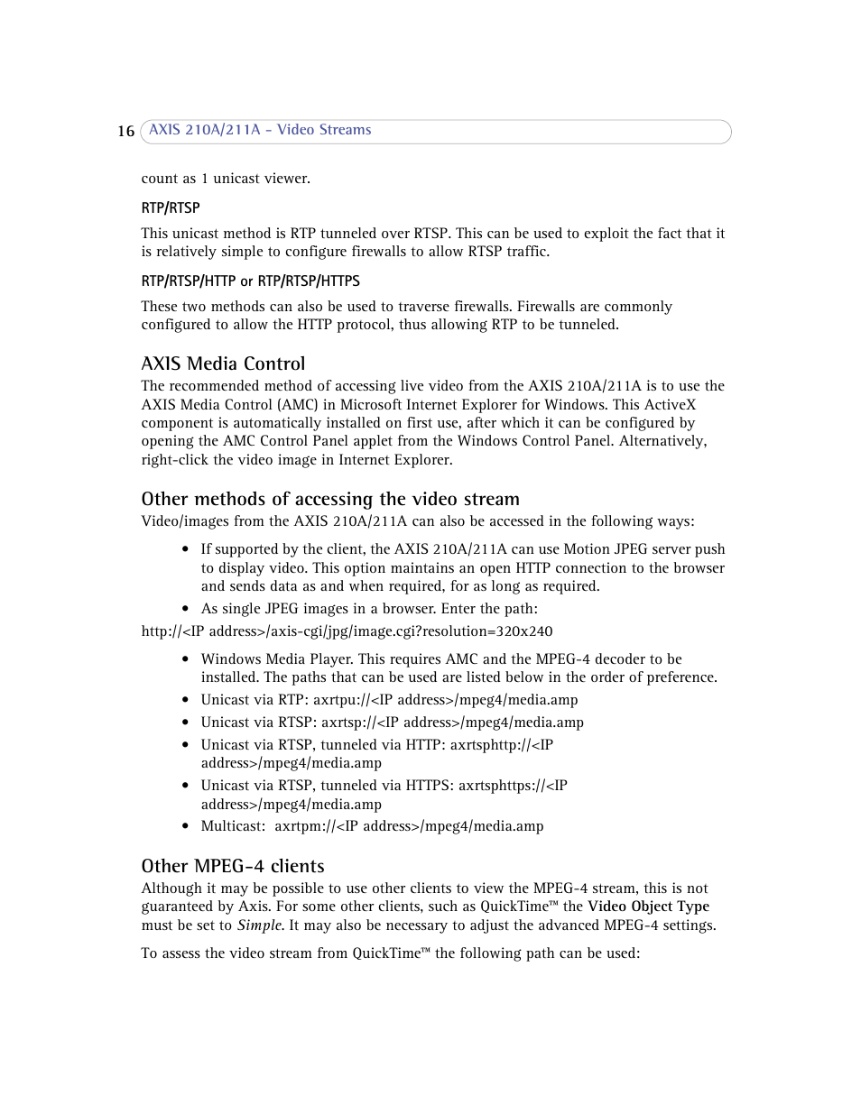 Axis media control, Other methods of accessing the video stream, Other mpeg-4 clients | Axis Communications Axis 211A User Manual | Page 16 / 76
