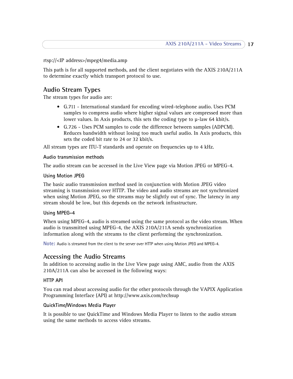 Audio stream types, Accessing the audio streams | Axis Communications Axis 211A User Manual | Page 17 / 76