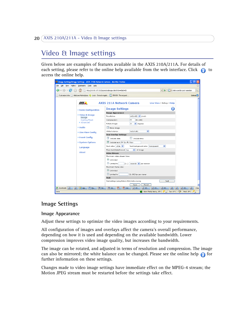 Video & image settings, Image settings | Axis Communications Axis 211A User Manual | Page 20 / 76