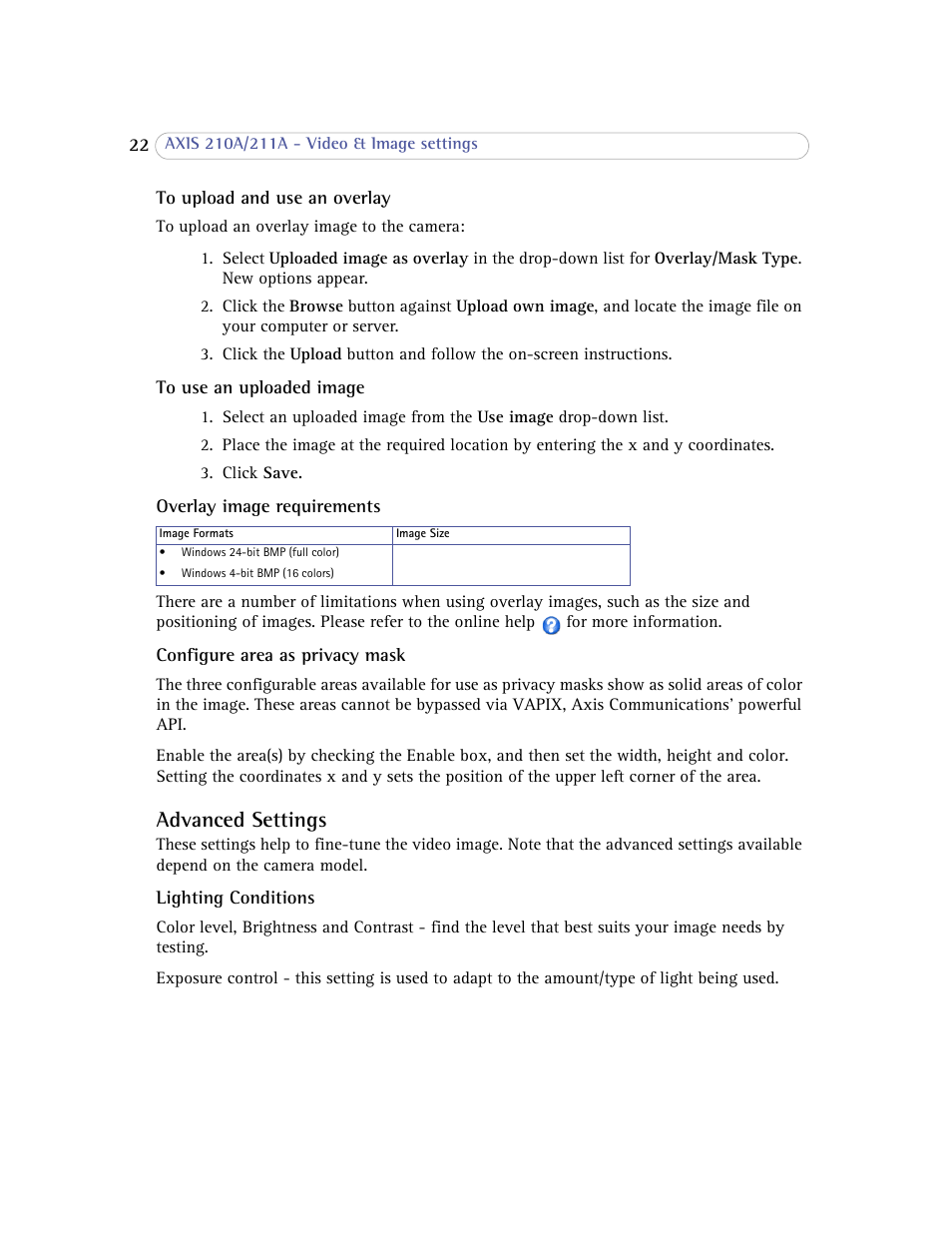 Advanced settings | Axis Communications Axis 211A User Manual | Page 22 / 76