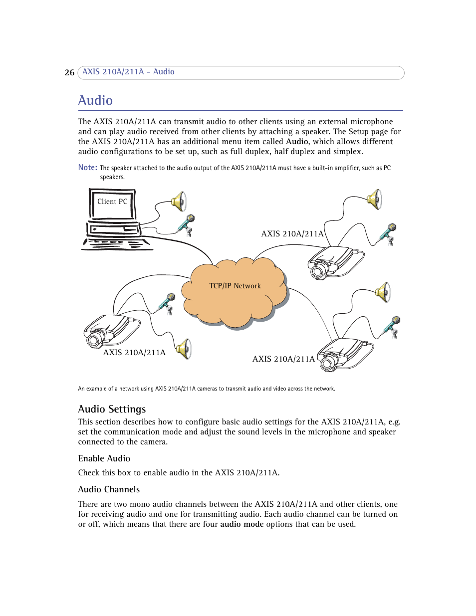 Audio, Audio settings | Axis Communications Axis 211A User Manual | Page 26 / 76