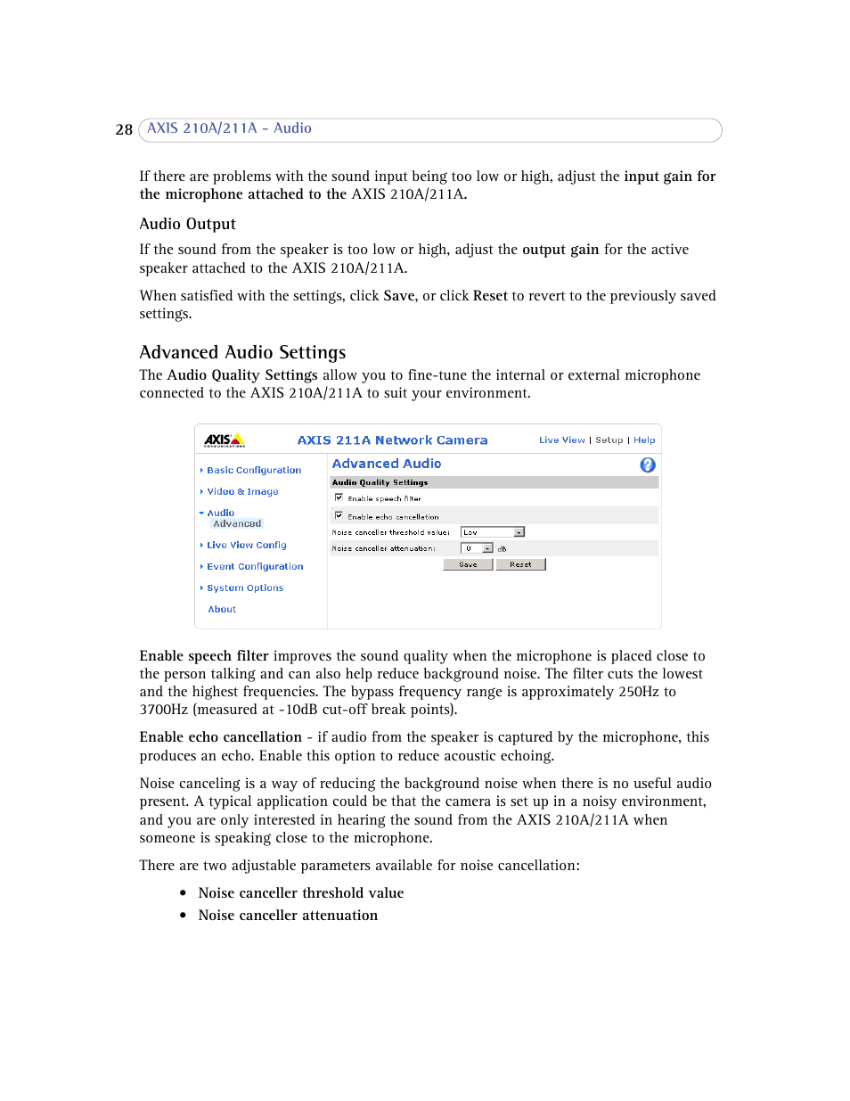 Advanced audio settings | Axis Communications Axis 211A User Manual | Page 28 / 76