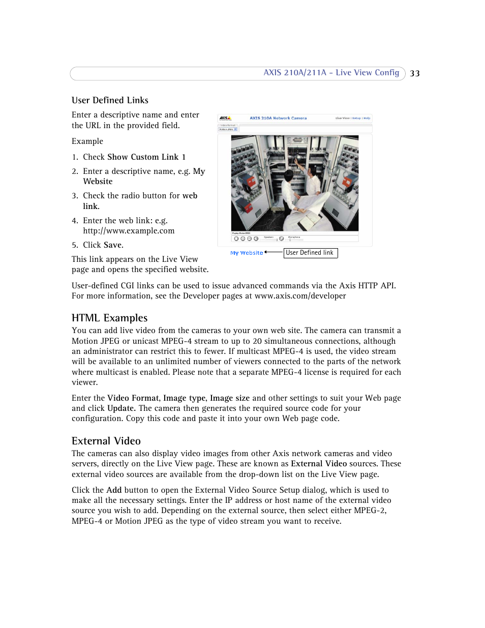 Html examples, External video, Html examples external video | Axis Communications Axis 211A User Manual | Page 33 / 76