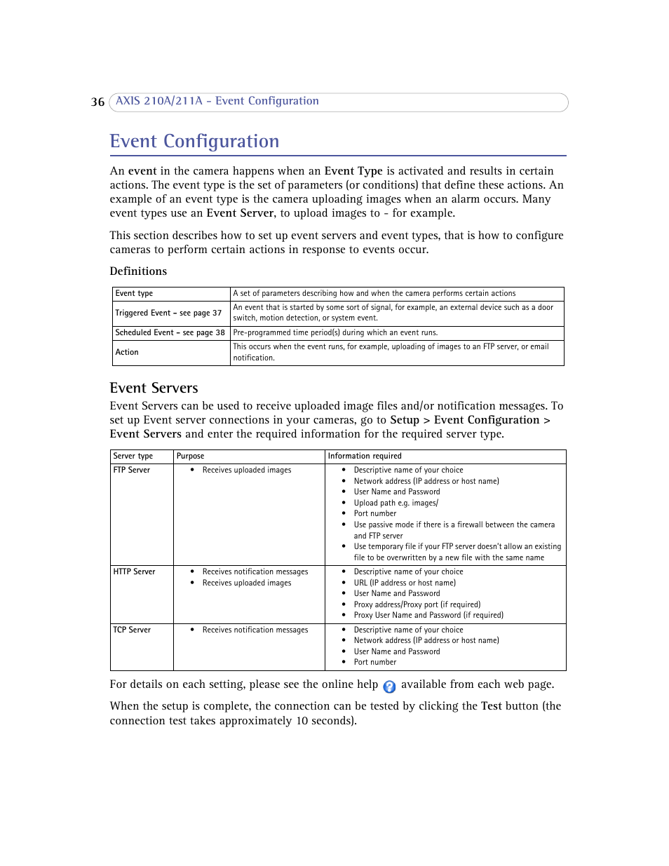 Event configuration, Event servers | Axis Communications Axis 211A User Manual | Page 36 / 76