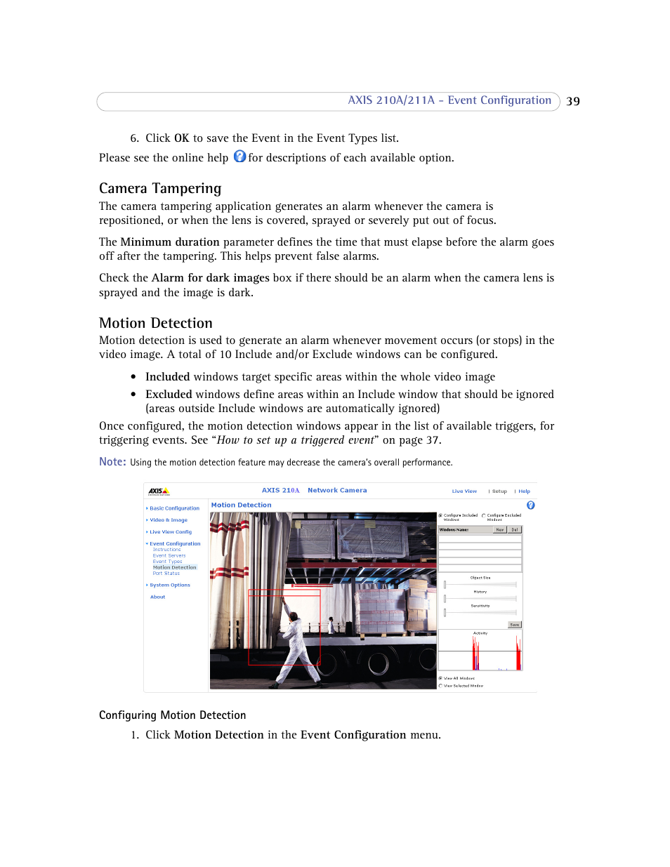 Camera tampering, Motion detection, Camera tampering motion detection | Axis Communications Axis 211A User Manual | Page 39 / 76