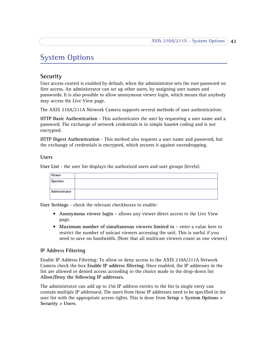 System options, Security | Axis Communications Axis 211A User Manual | Page 41 / 76
