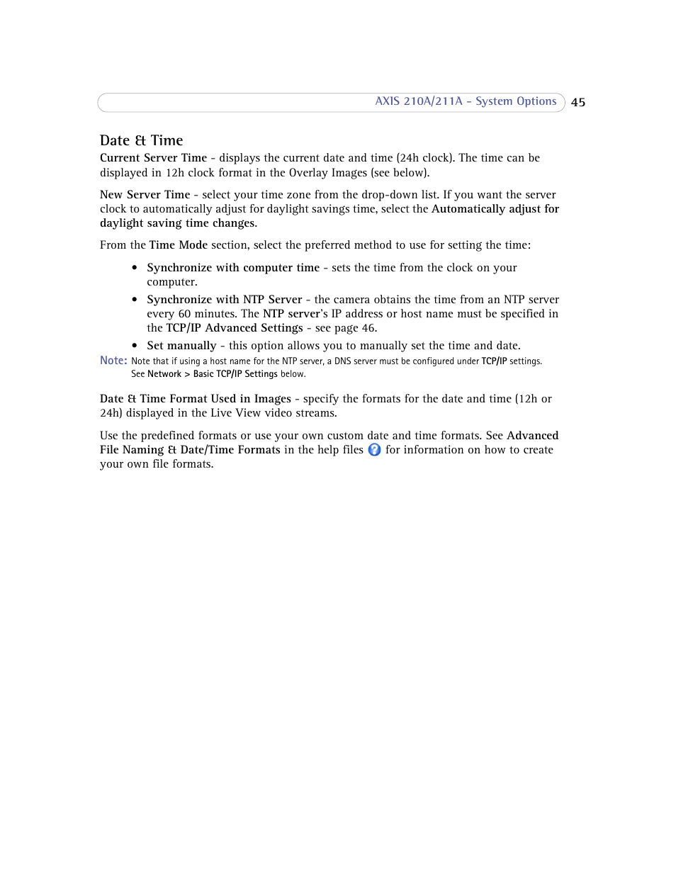 Date & time | Axis Communications Axis 211A User Manual | Page 45 / 76
