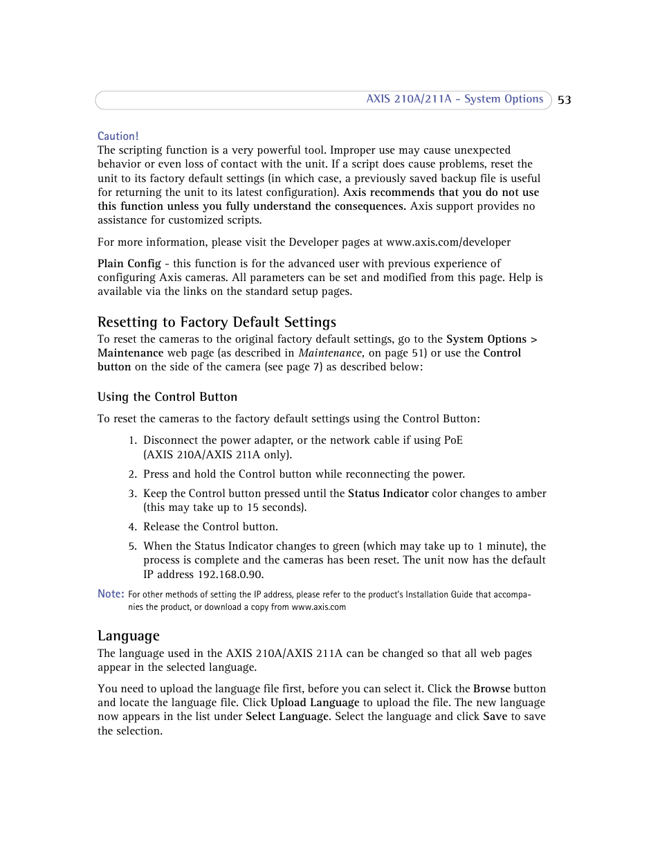 Resetting to factory default settings, Language, Resetting to factory default settings language | Resetting to factory | Axis Communications Axis 211A User Manual | Page 53 / 76
