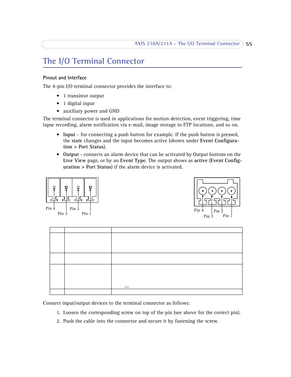 The i/o terminal connector | Axis Communications Axis 211A User Manual | Page 55 / 76
