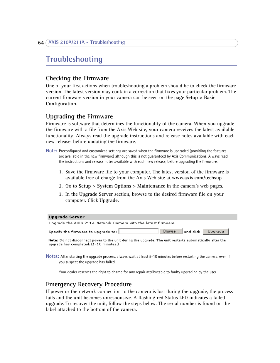 Troubleshooting, Checking the firmware, Upgrading the firmware | Emergency recovery procedure | Axis Communications Axis 211A User Manual | Page 64 / 76