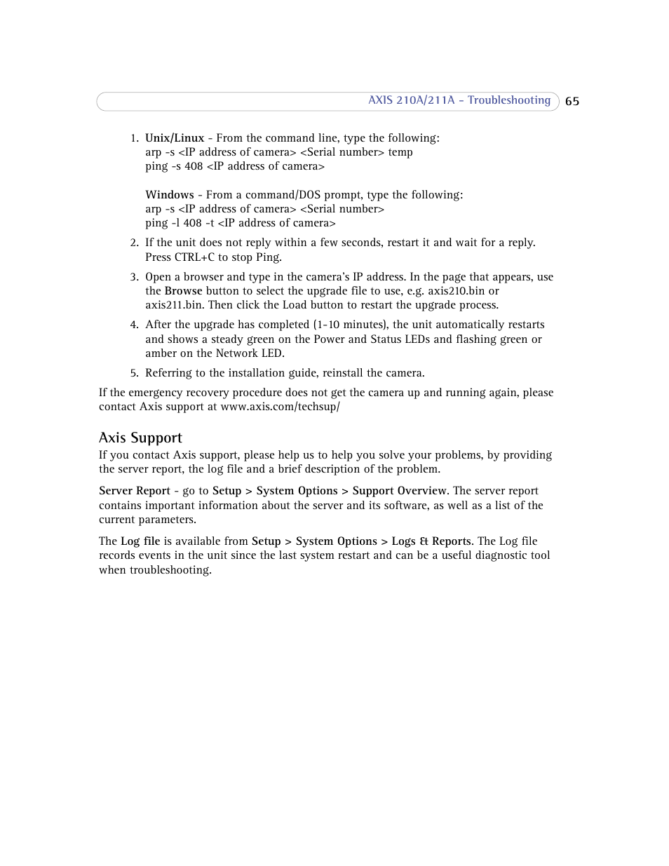 Axis support | Axis Communications Axis 211A User Manual | Page 65 / 76
