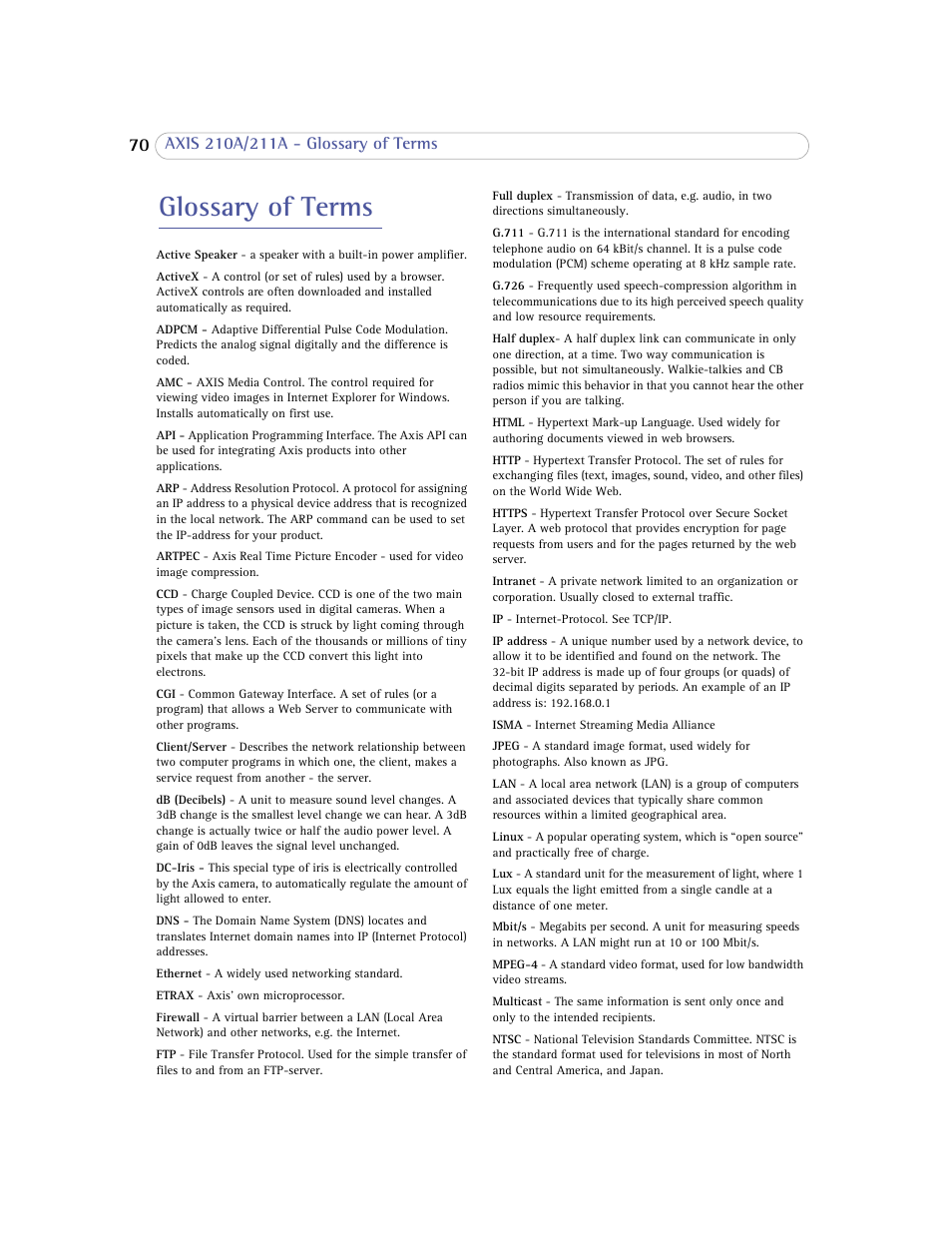 Glossary of terms | Axis Communications Axis 211A User Manual | Page 70 / 76