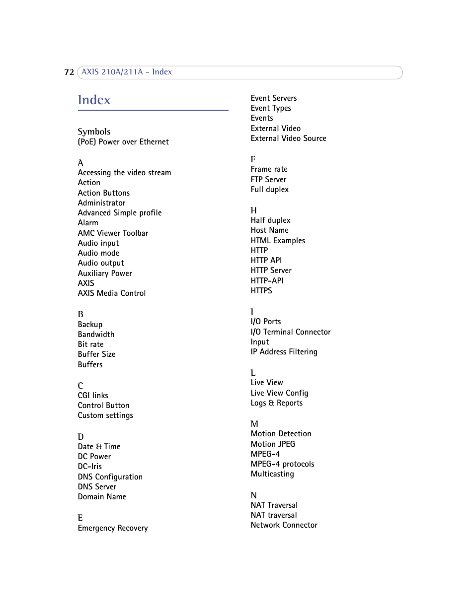 Index | Axis Communications Axis 211A User Manual | Page 72 / 76