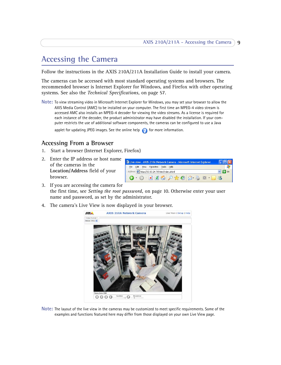 Accessing the camera, Accessing from a browser | Axis Communications Axis 211A User Manual | Page 9 / 76