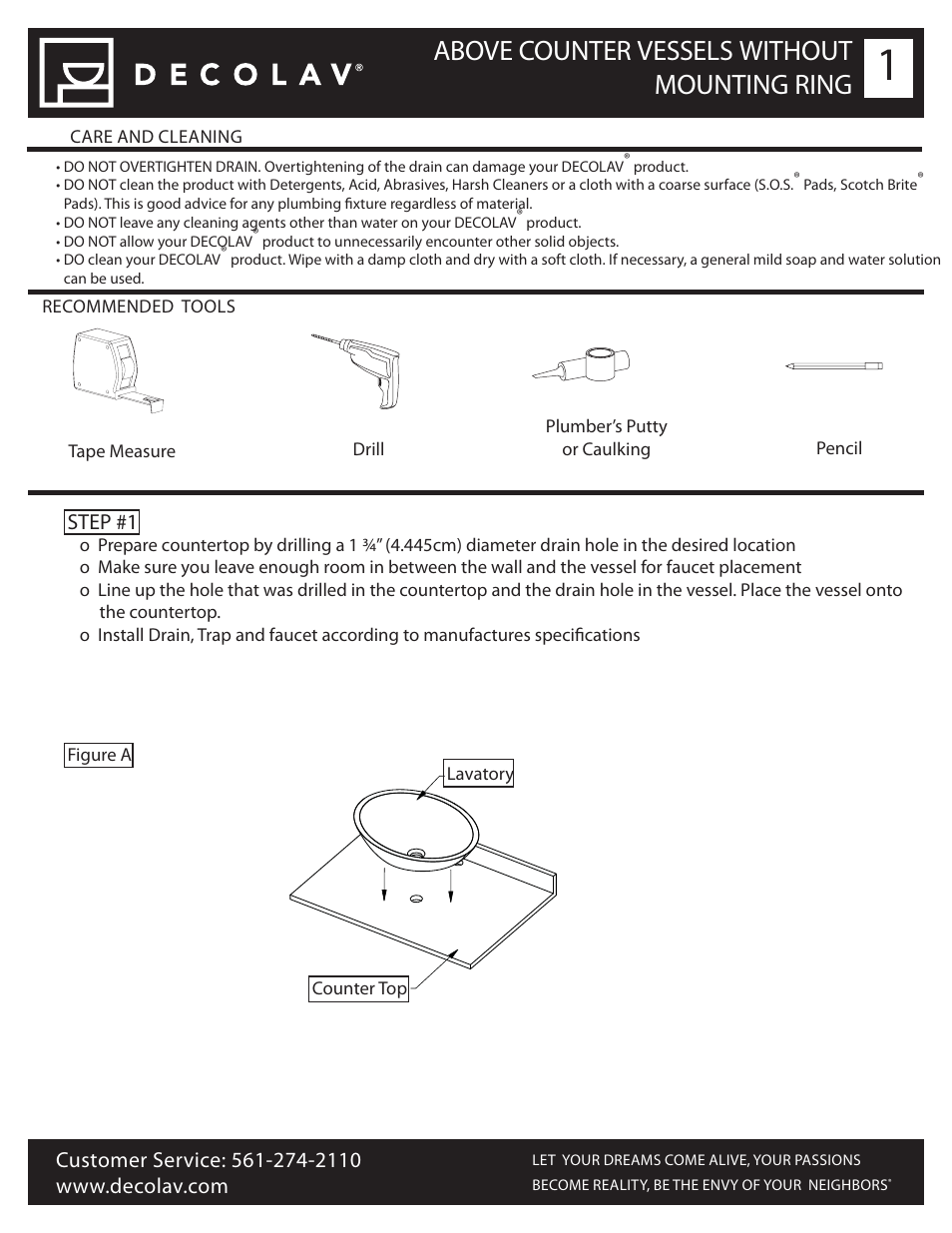 Above counter vessels without mounting ring, Step #1 | Decolav 1139T User Manual | Page 3 / 4