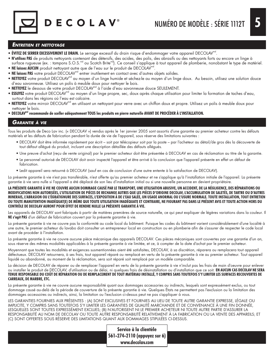 Numéro de modèle : série 1112t | Decolav 1112T User Manual | Page 10 / 15