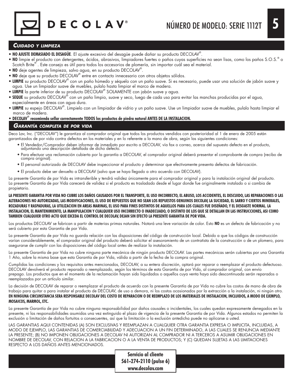 Número de modelo: serie 1112t | Decolav 1112T User Manual | Page 15 / 15