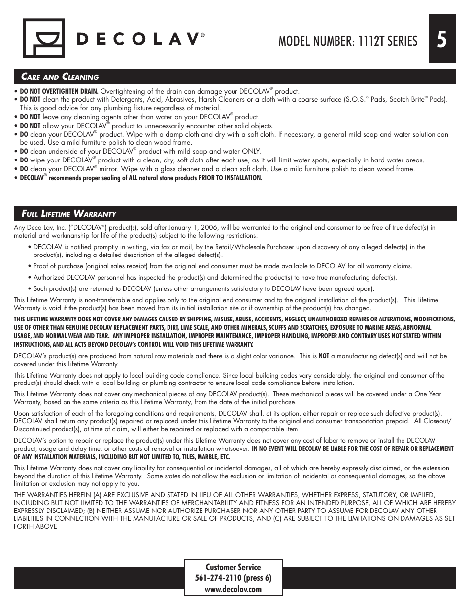 Model number: 1112t series | Decolav 1112T User Manual | Page 5 / 15