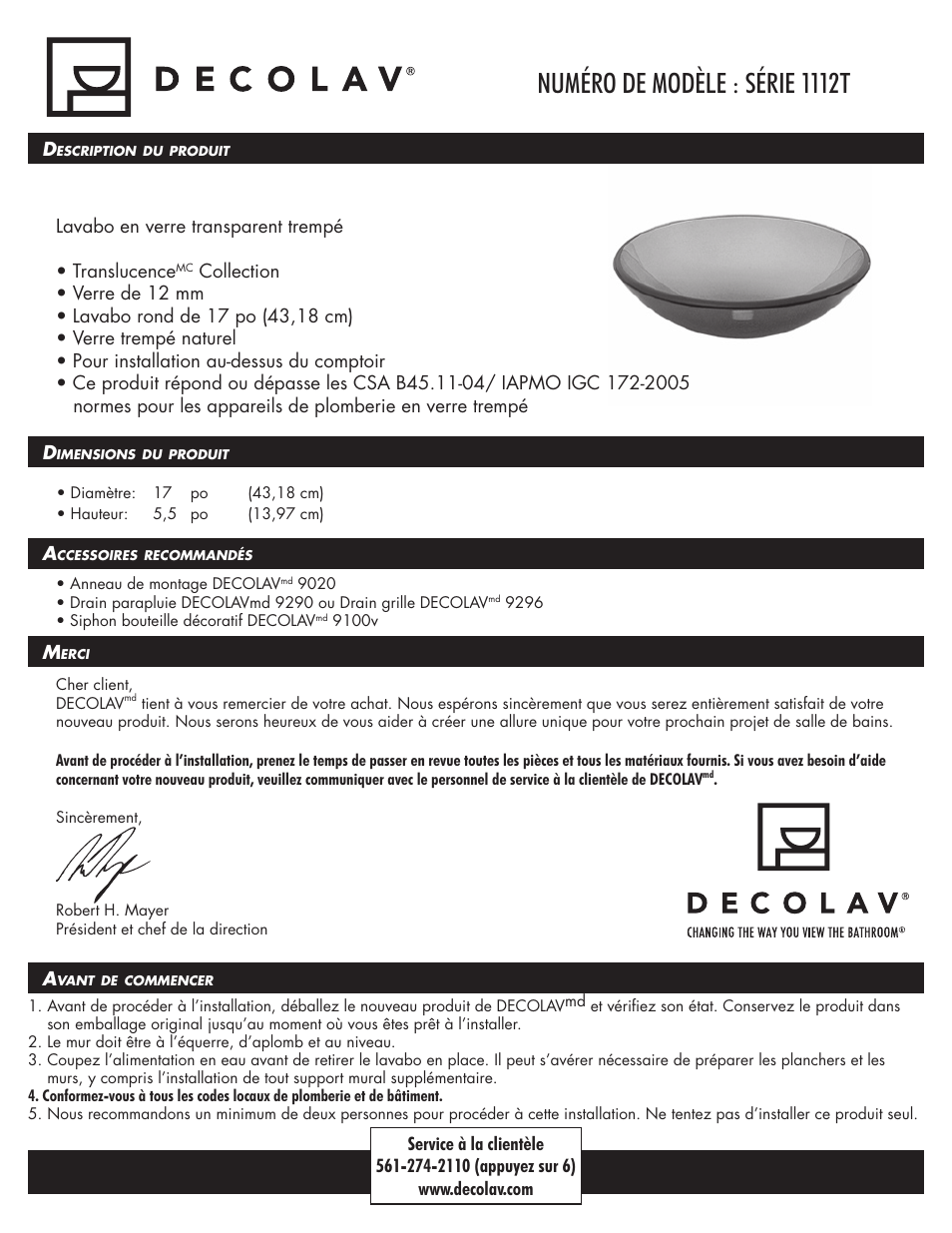 1112t_fr_install_012010, Numéro de modèle : série 1112t | Decolav 1112T User Manual | Page 6 / 15