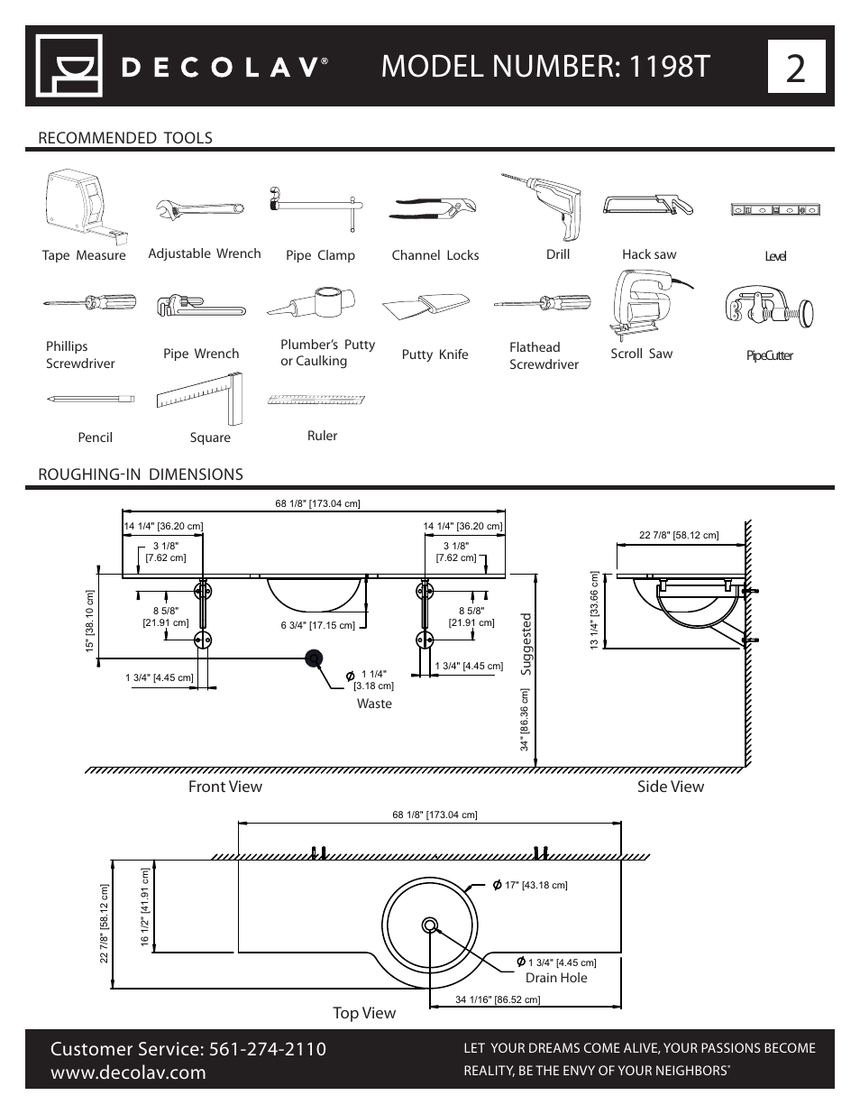 Model number: 1198t, Recommended tools roughing-in dimensions, Front view top view side view | Decolav 1198T User Manual | Page 2 / 7