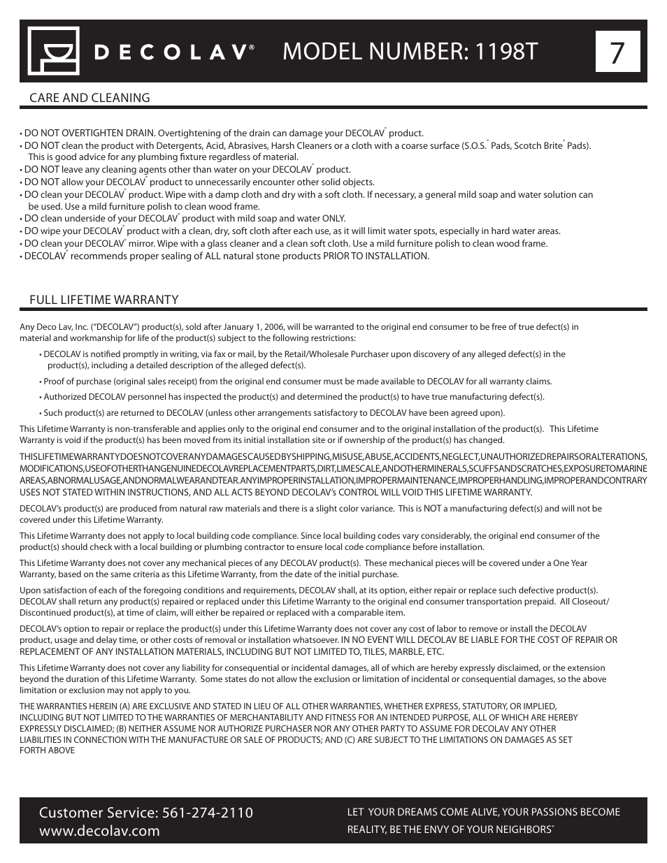 Model number: 1198t, Care and cleaning full lifetime warranty | Decolav 1198T User Manual | Page 7 / 7