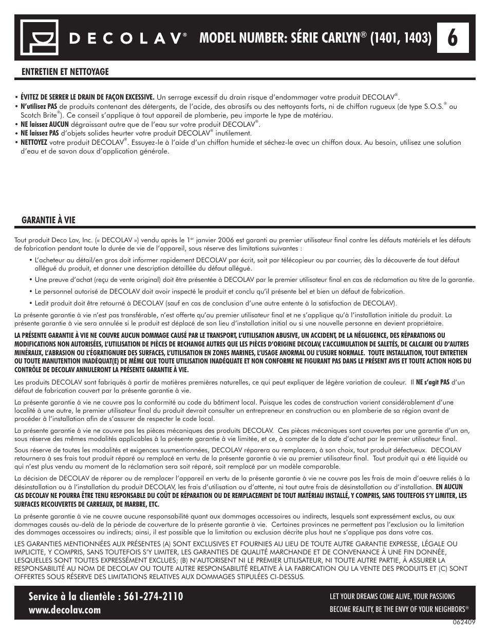 Model number: série carlyn, Entretien et nettoyage garantie à vie | Decolav 1401 User Manual | Page 12 / 18