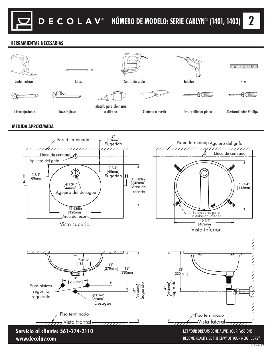 Número de modelo: serie carlyn, Herramientas necesarias medida aproximada, Vista frontal | Vista superior, Vista lateral vista inferior | Decolav 1401 User Manual | Page 14 / 18