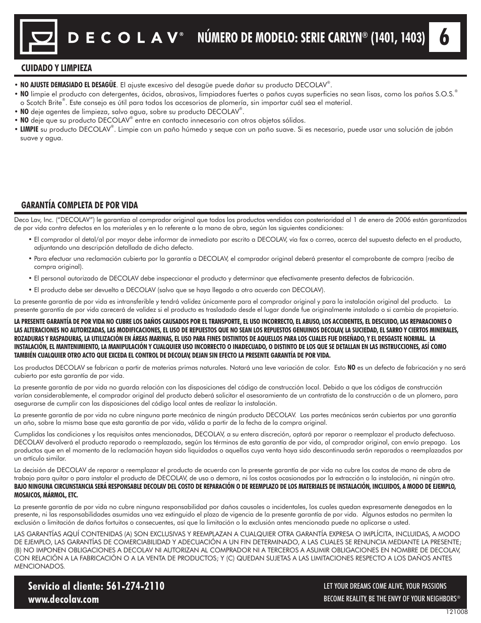 Número de modelo: serie carlyn, Cuidado y limpieza garantía completa de por vida | Decolav 1401 User Manual | Page 18 / 18