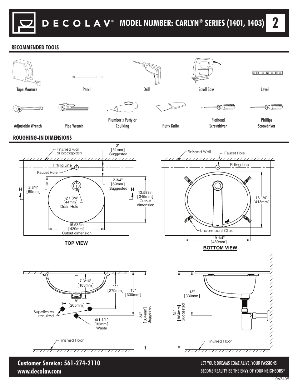 Model number: carlyn, Recommended tools roughing-in dimensions | Decolav 1401 User Manual | Page 2 / 18