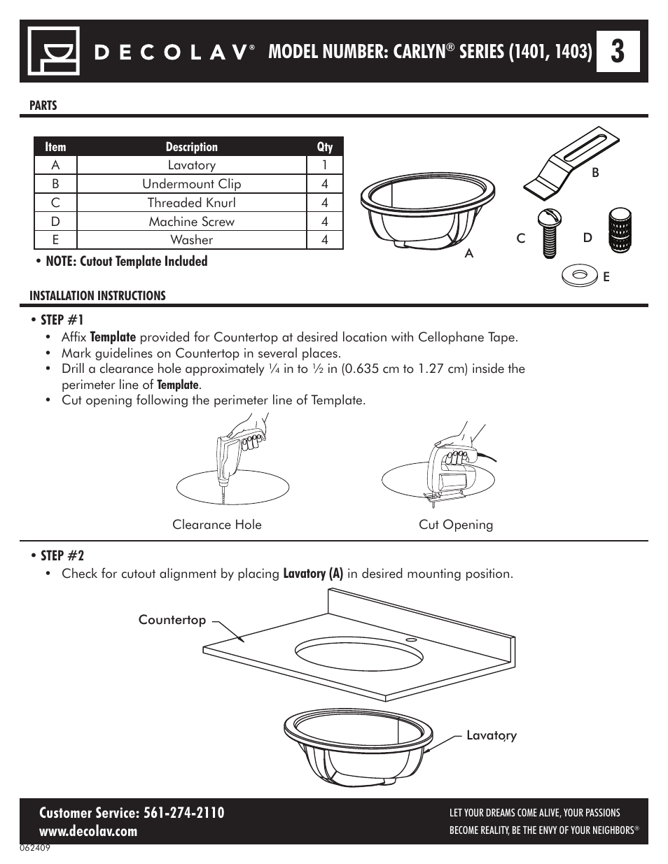 Model number: carlyn | Decolav 1401 User Manual | Page 3 / 18