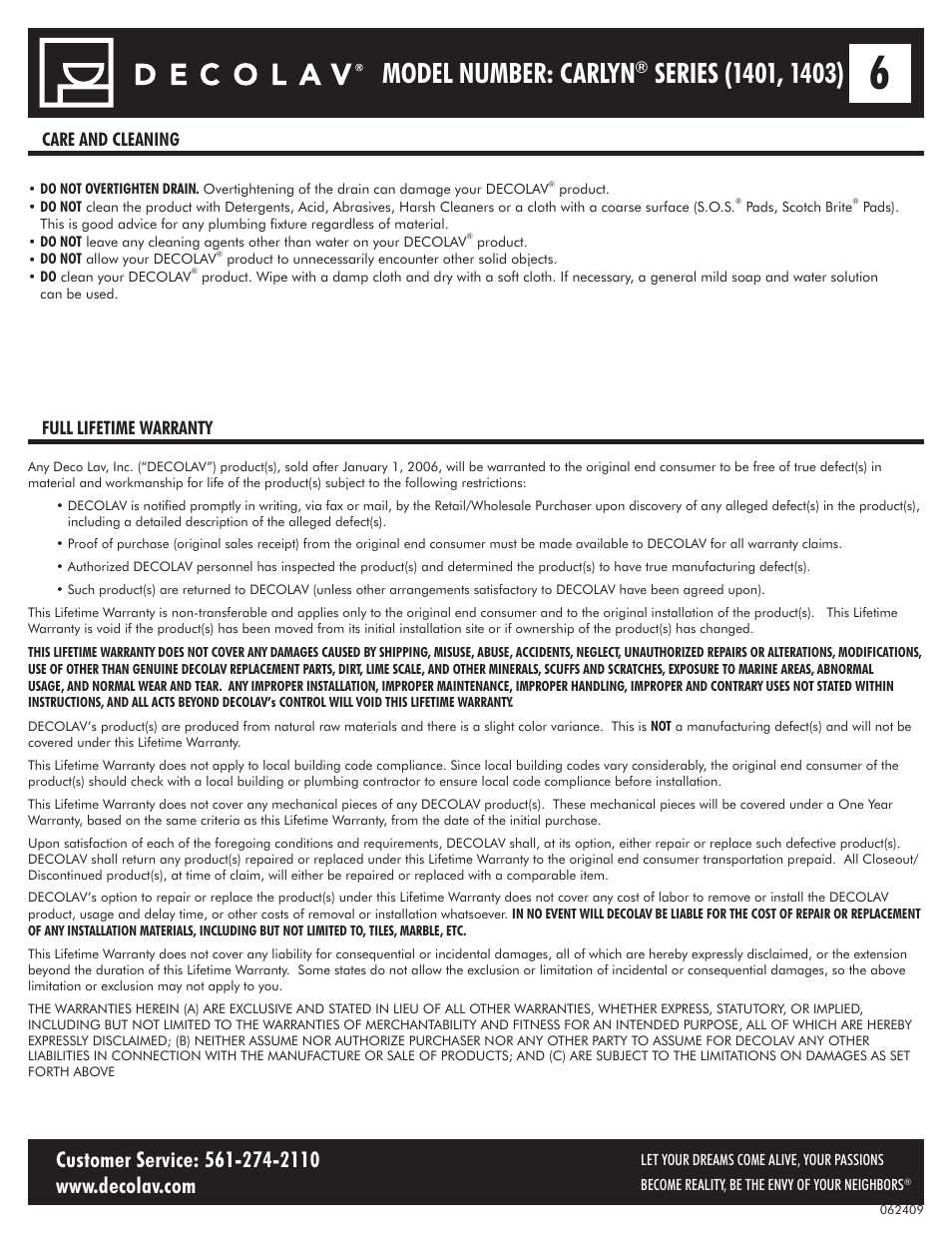 Model number: carlyn, Care and cleaning full lifetime warranty | Decolav 1401 User Manual | Page 6 / 18