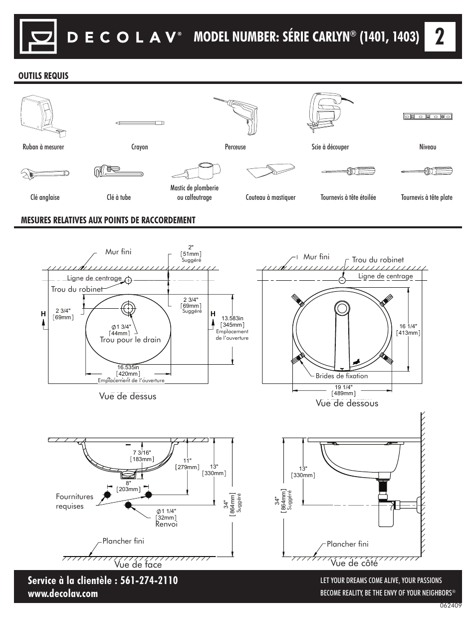 Model number: série carlyn, Vue de face, Vue de dessus | Vue de côté vue de dessous | Decolav 1401 User Manual | Page 8 / 18