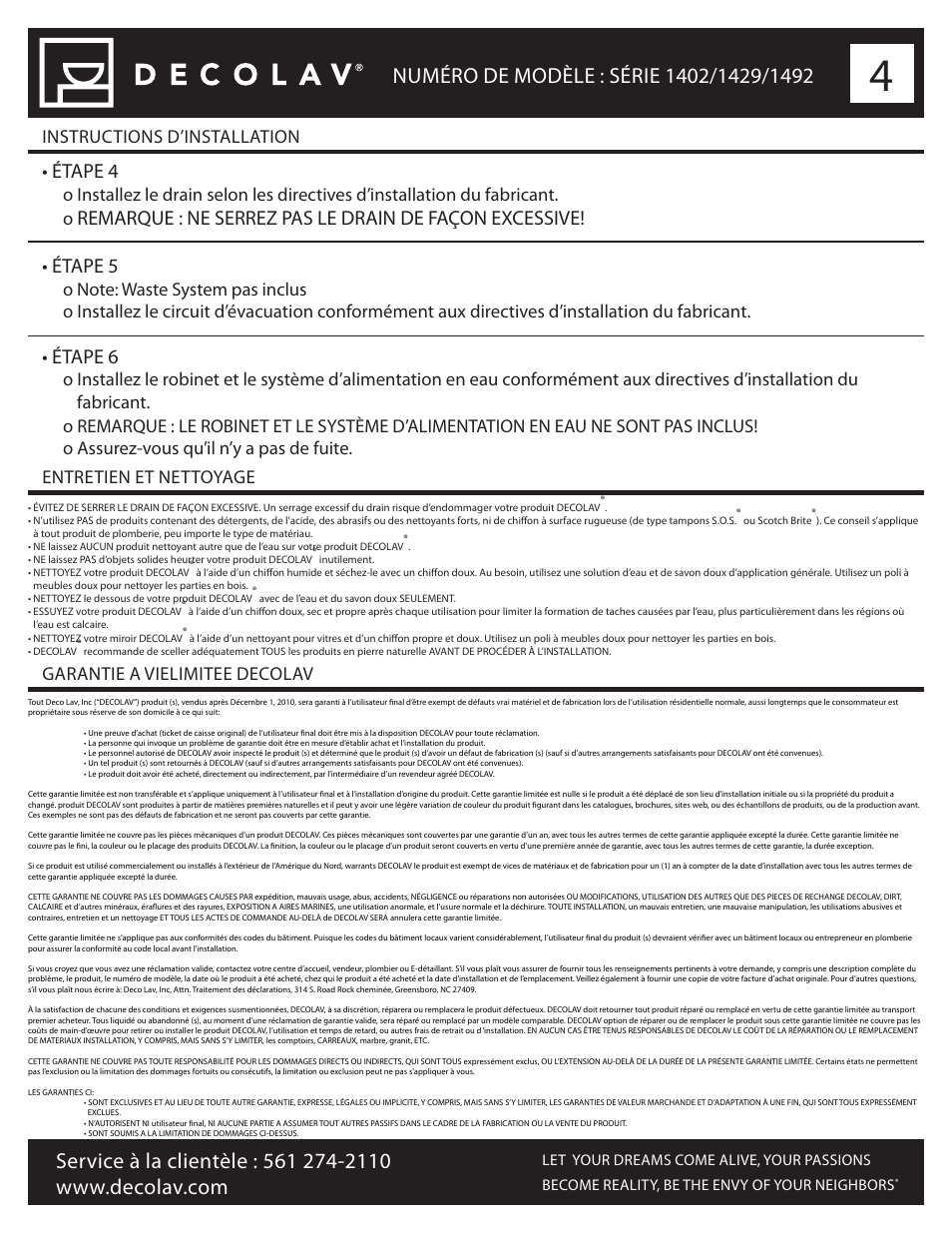 Étape 4, Étape 6, Instructions d’installation | Decolav 1402 User Manual | Page 12 / 12