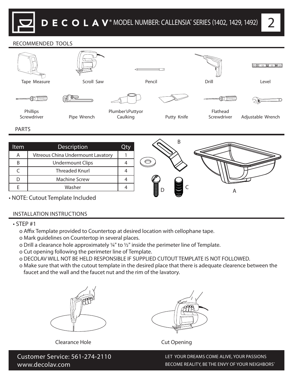 Model number: callensia | Decolav 1402 User Manual | Page 2 / 12