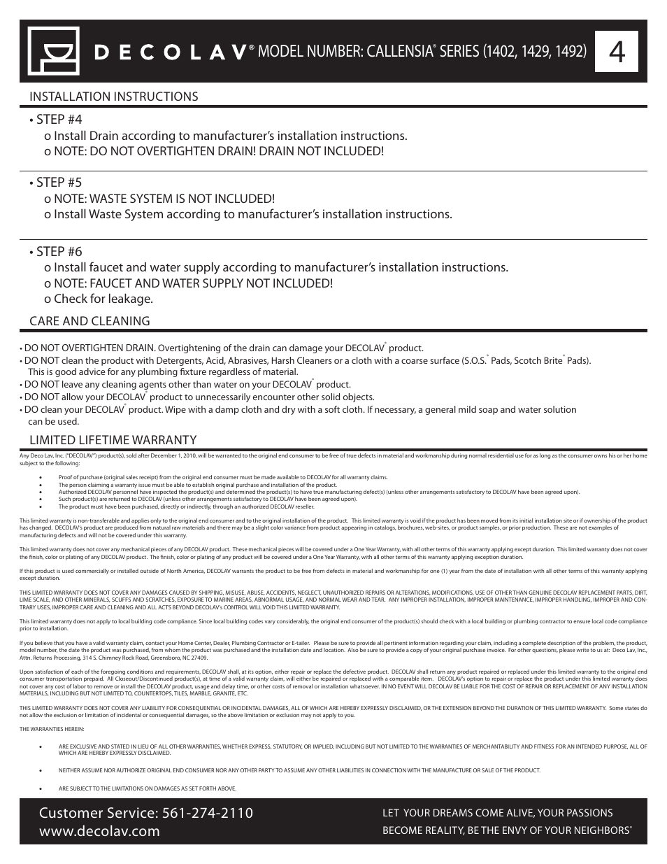 Model number: callensia, Step #4, Step #5 | Step #6, Installation instructions, Limited lifetime warranty | Decolav 1402 User Manual | Page 4 / 12