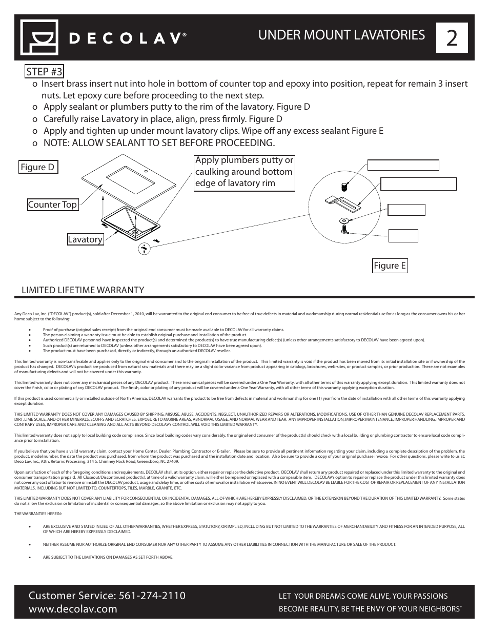 Under mount lavatories, Step #3, Lavatory | Limited lifetime warranty, Brass insert nut under mount clip washer screw | Decolav 1482 User Manual | Page 2 / 2