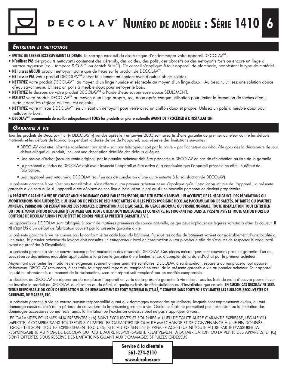 Uméro, Modèle, Érie | Decolav 1410 User Manual | Page 12 / 18