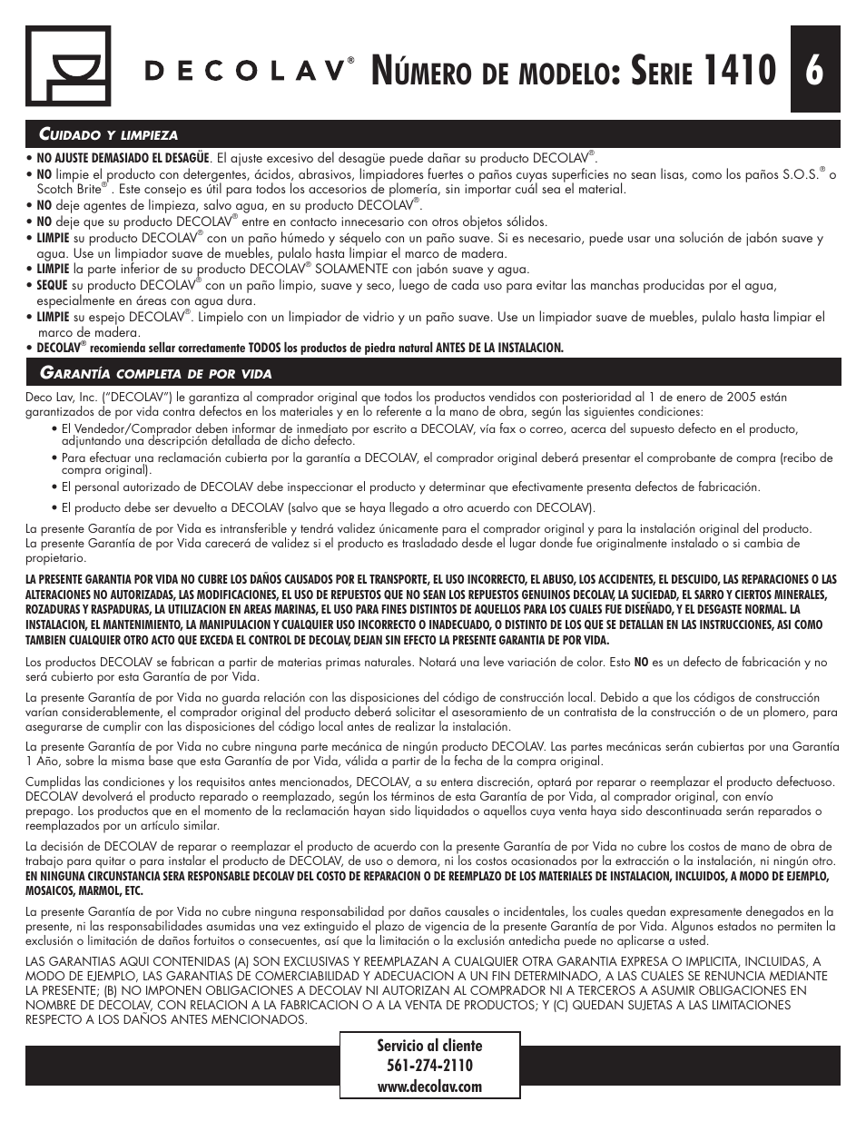 Úmero, Modelo, Erie | Decolav 1410 User Manual | Page 18 / 18